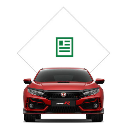 Predný pohľad na model Honda Civic Type R s grafikou katalógu.